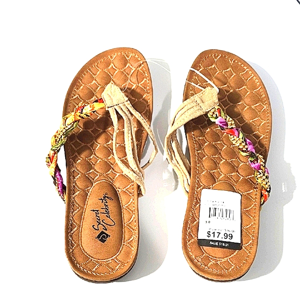 Tan and Purple Braided Sandals with Textured Footbed